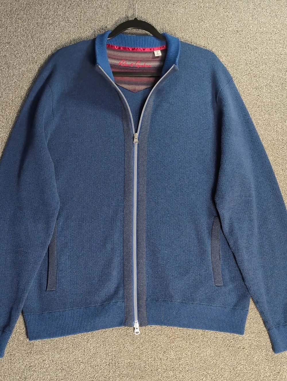 Robert Graham Full Zip Up Cardigan Sweater Size Large in Navy Blue/Gray Cotton